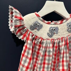 12M Red and White Plaid Dress with Smocking and Elephant Embroidery